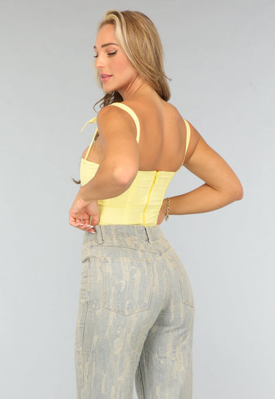 Pastel Gele Korset Top met Strikdetail