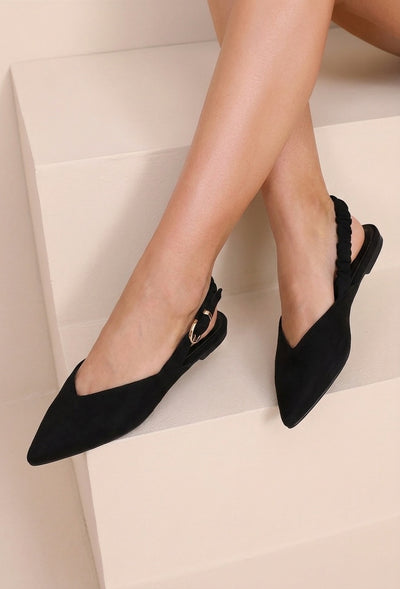 NEW190826 Zwarte Suèdelook Slingback Muiltjes met Puntneus en Gesp