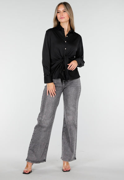 Blouse met Lange Mouwen en Satijn Effect Zwart