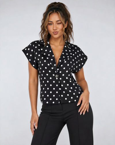 Zwarte Polkadot Blazer Top met Schoudervulling