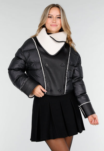 Zwarte Pufferjas met Witte Sherpa Fleece Kraag