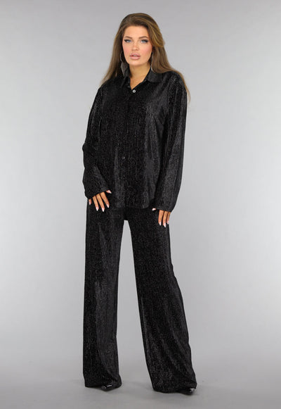 Zwarte Velvet Glitter Two Piece met Wide Leg Broek