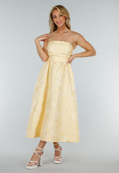 Strapless Midi Jurk in Butter Yellow met Jacquardlook