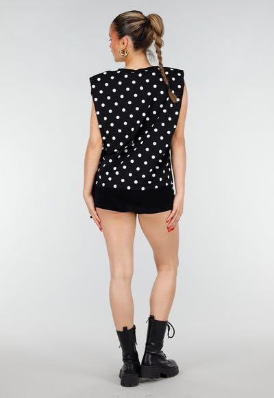 Zwarte Mouwloze Top met Witte Stippen en Schoudervulling