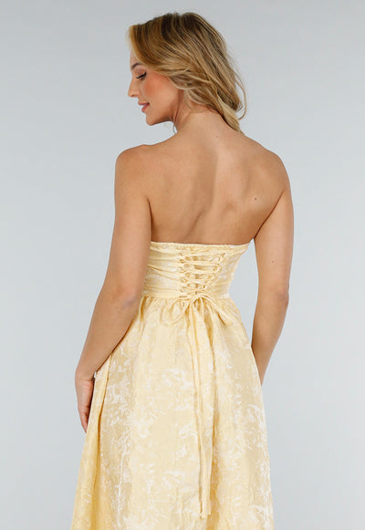 Strapless Midi Jurk in Butter Yellow met Jacquardlook