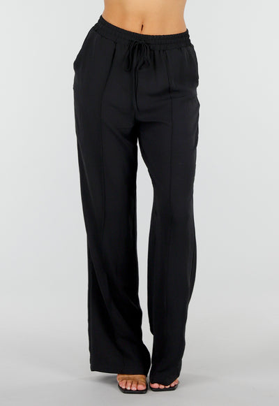 NEW290726 Zwarte Wide Leg Broek met Elastische Taille en Strikkoord