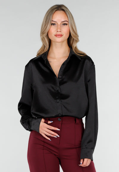 Zwarte Satijnlook Blouse met Lange Mouwen en Knoopsluiting
