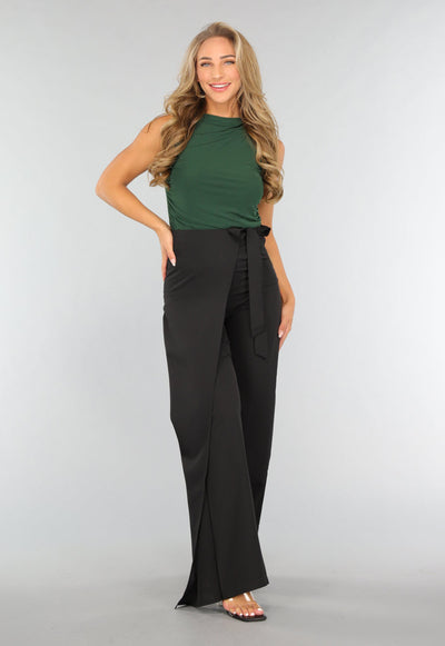 Zwarte Wide Leg Overslag Pantalon met Strikdetail