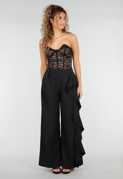 Zwarte Wide Leg Broek met Ruffle Detail en Kant Split