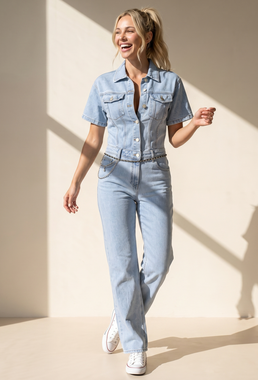 Redial Jeans Blauwe Jeans Jumpsuit met Korte Mouwen en Straight Leg