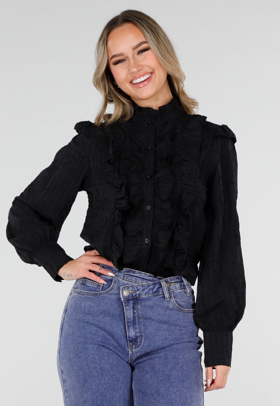 Zwarte Blouse met Ruches en Lange Mouwen
