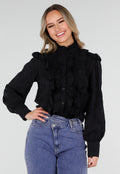 Zwarte Blouse met Ruches en Lange Mouwen