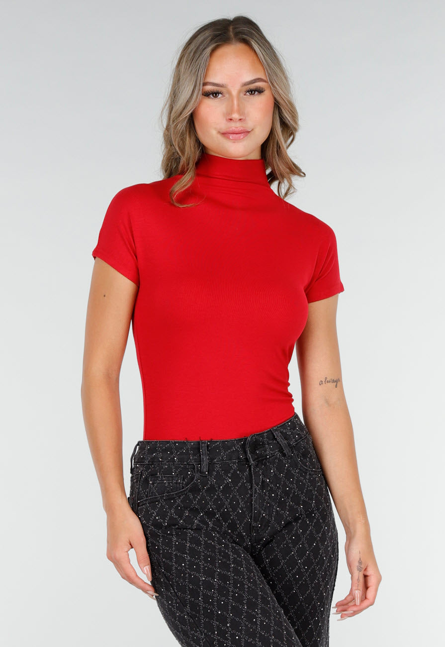 Rode Stretch Top met Col en Korte Mouwen