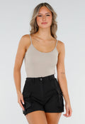 Beige Bodysuit met Spaghetti Bandjes en Pads