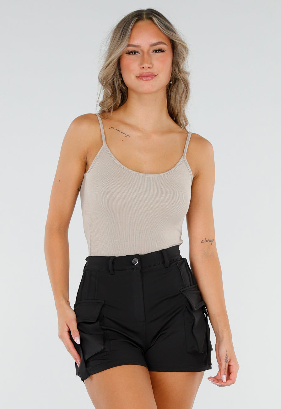 Beige Bodysuit met Spaghetti Bandjes en Pads