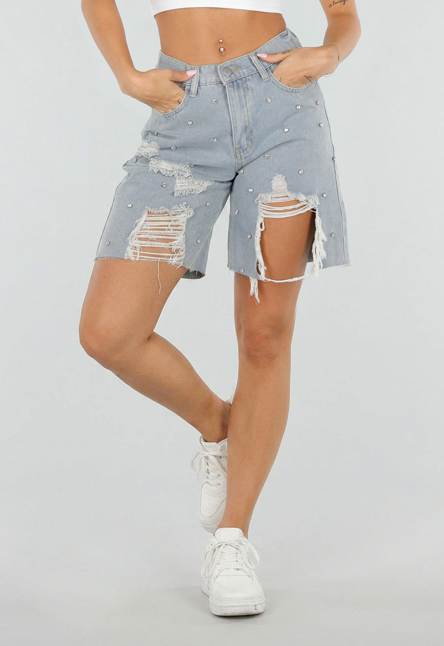 NEW080726 Lichtblauwe Denim Bermuda Shorts met Strass en Destroyed Details Voor Dames