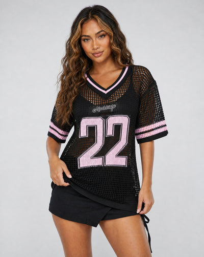Zwart Gebreide Jersey met Roze Cijferprint en Korte Mouwen