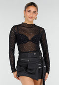 Zwarte Mesh Crop Top met Strass Steentjes en Lange Mouwen