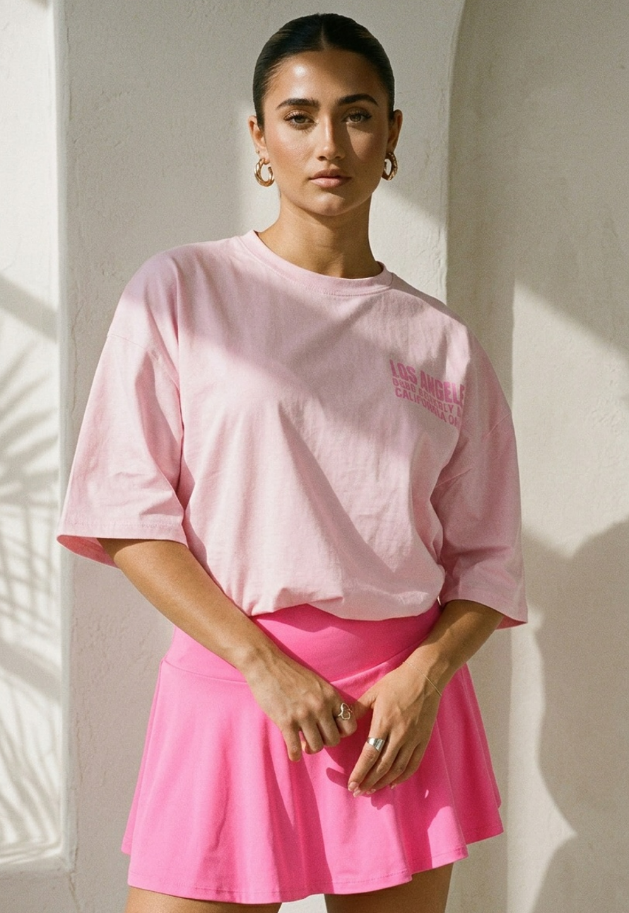 Roze Oversized T-shirt met Tekstprint en Korte Mouwen