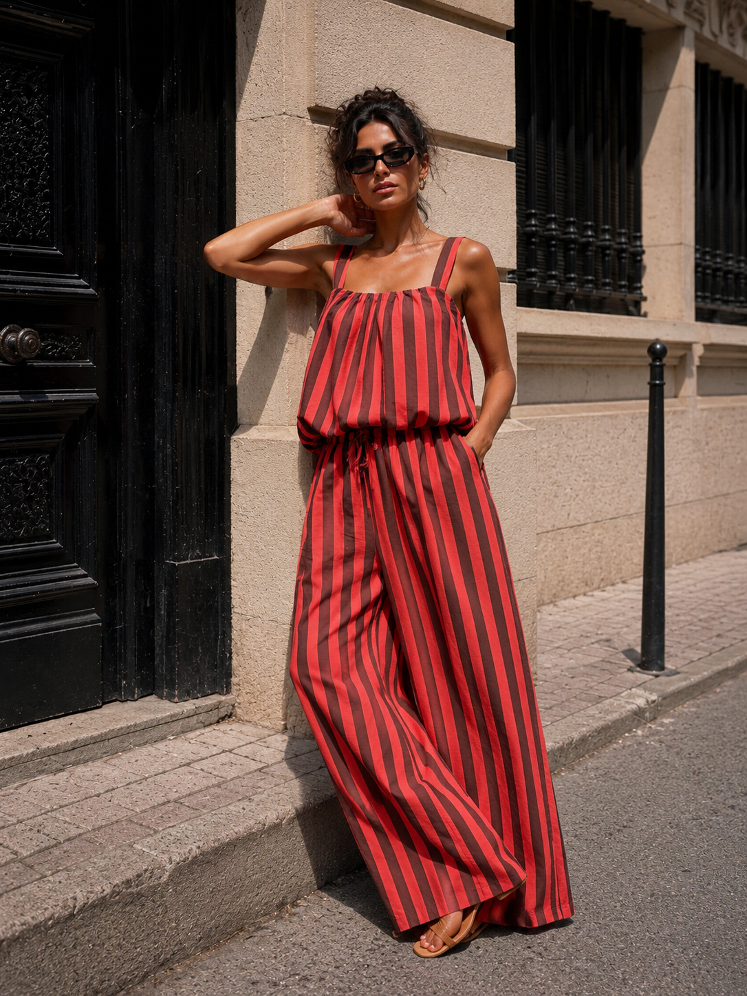 Rood Bruine Gestreepte Two Piece Set met Mouwloze Top en Wide Leg Broek