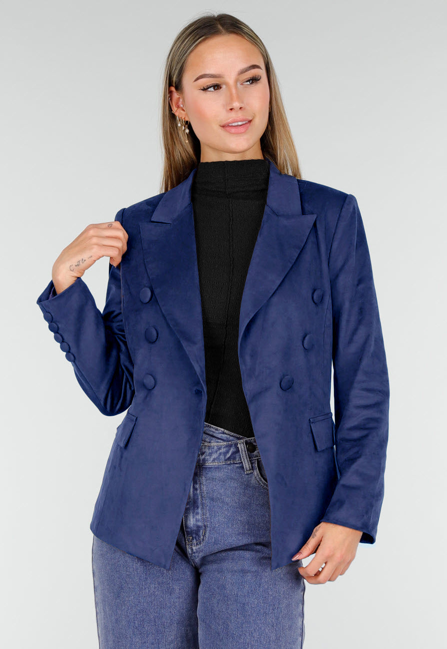 Blauwe Suede Blazer met Dubbele Knopen