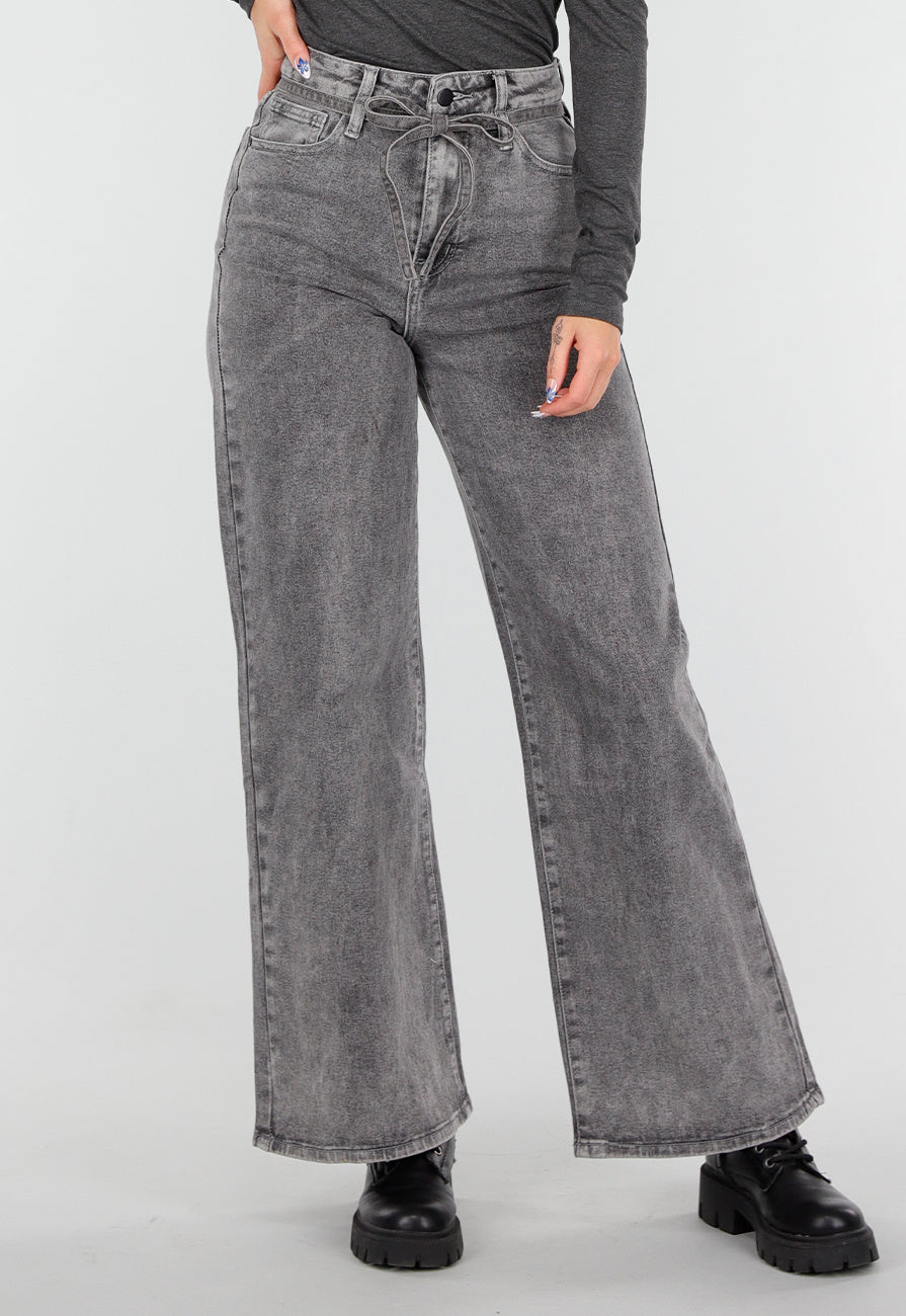 Redial Jeans Grijze Wide Leg Stretch Jeans met Hoge Taille en Strikceintuur
