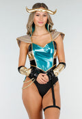 Trickster Goddess Party Kostuum in Groen Zwart en Goud