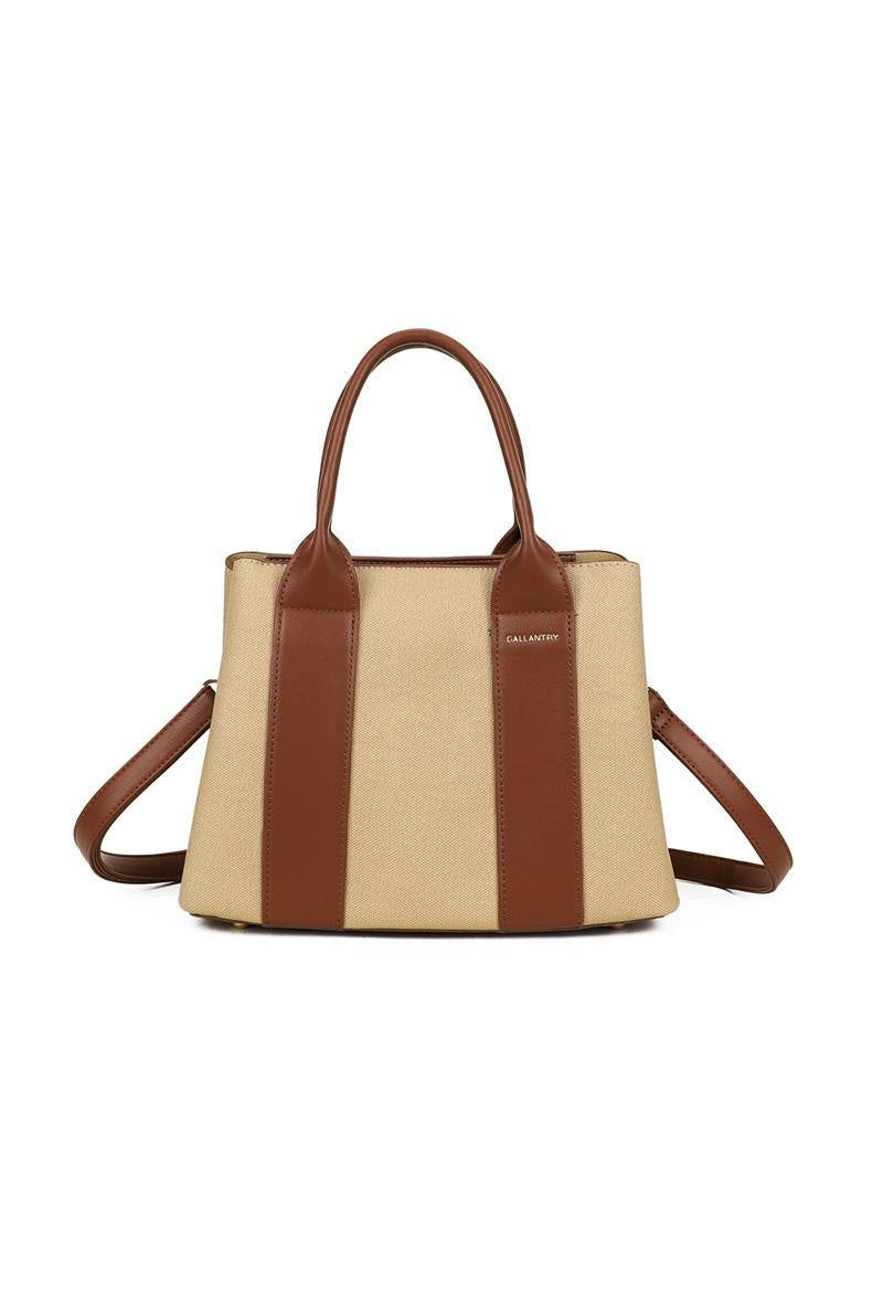 Beige Handtas met Bruine Accenten en Dubbele Handvatten