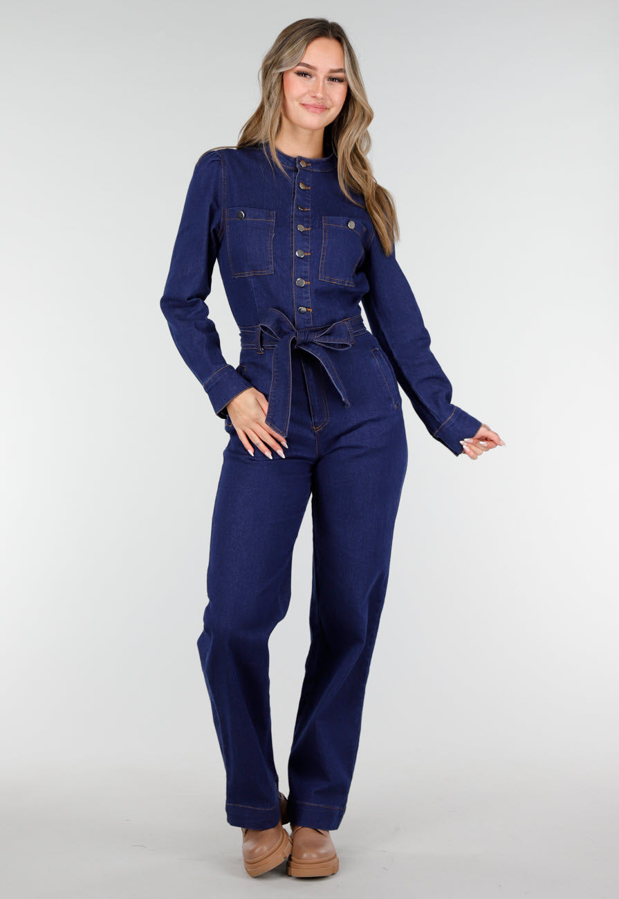 Denim Jumpsuit met Strikceintuur Blauw