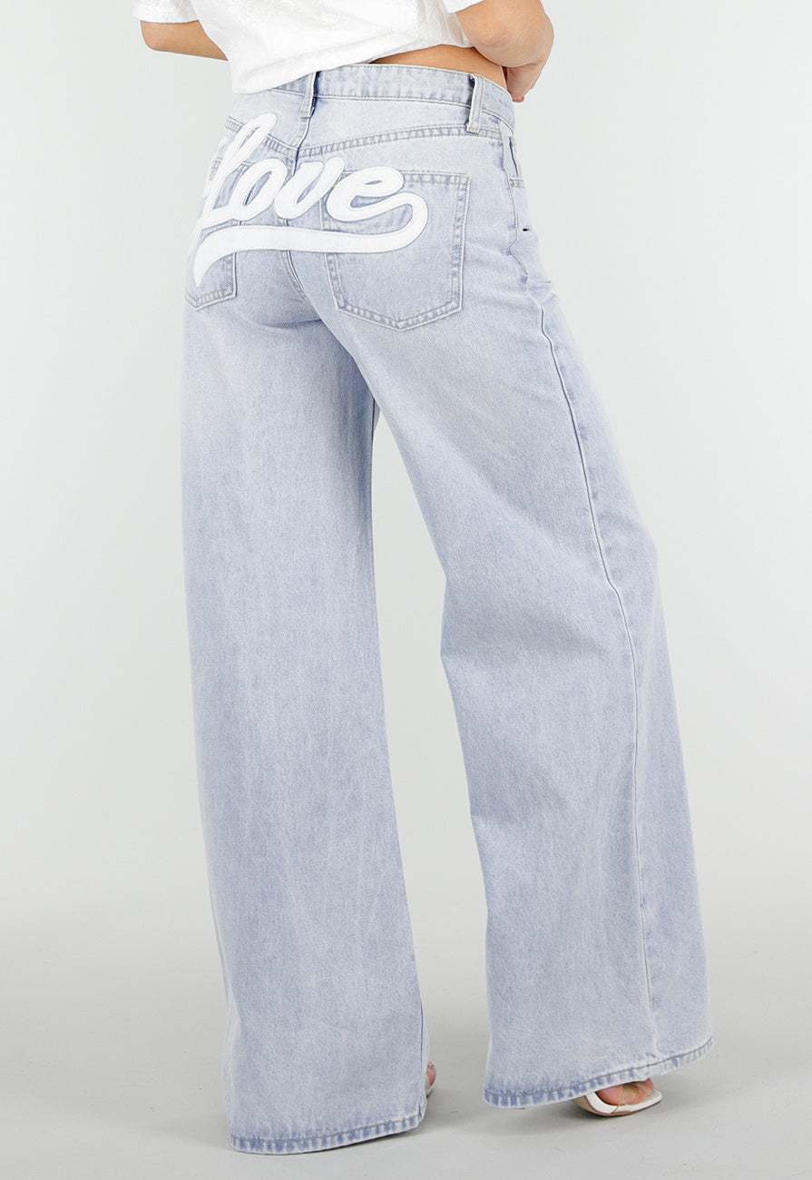 Lichtblauwe Wide Leg Jeans met Backprint en Stretch
