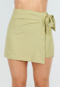 Olijfgroene Skort met Overslag en Strikdetail in Linnenlook Stof