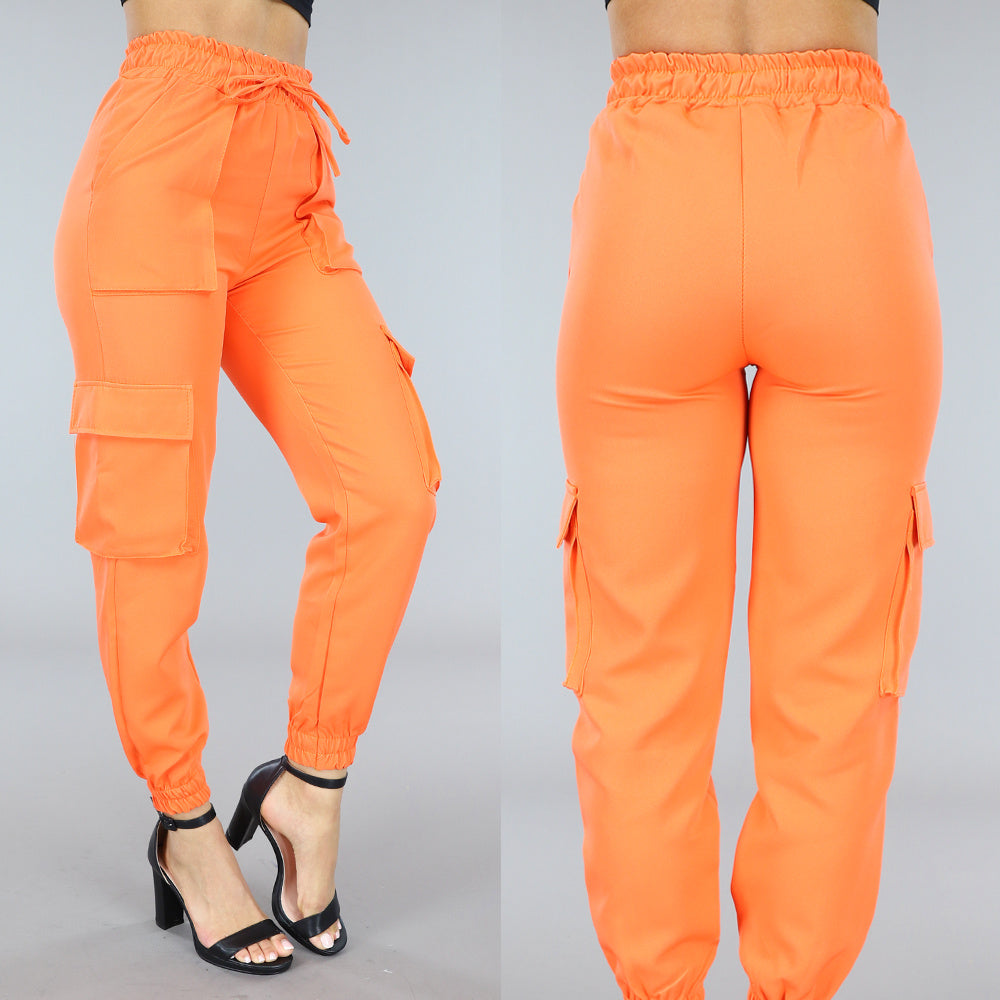 Oranje Elastische Broek met Cargo Zakken