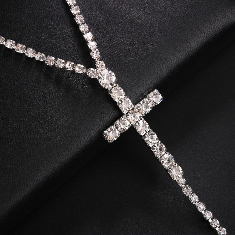 Lange Zilveren Strass ketting met Kruis Detail