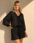 NEW150726 Zwarte Blouse en Short Set met Wijde Mouwen