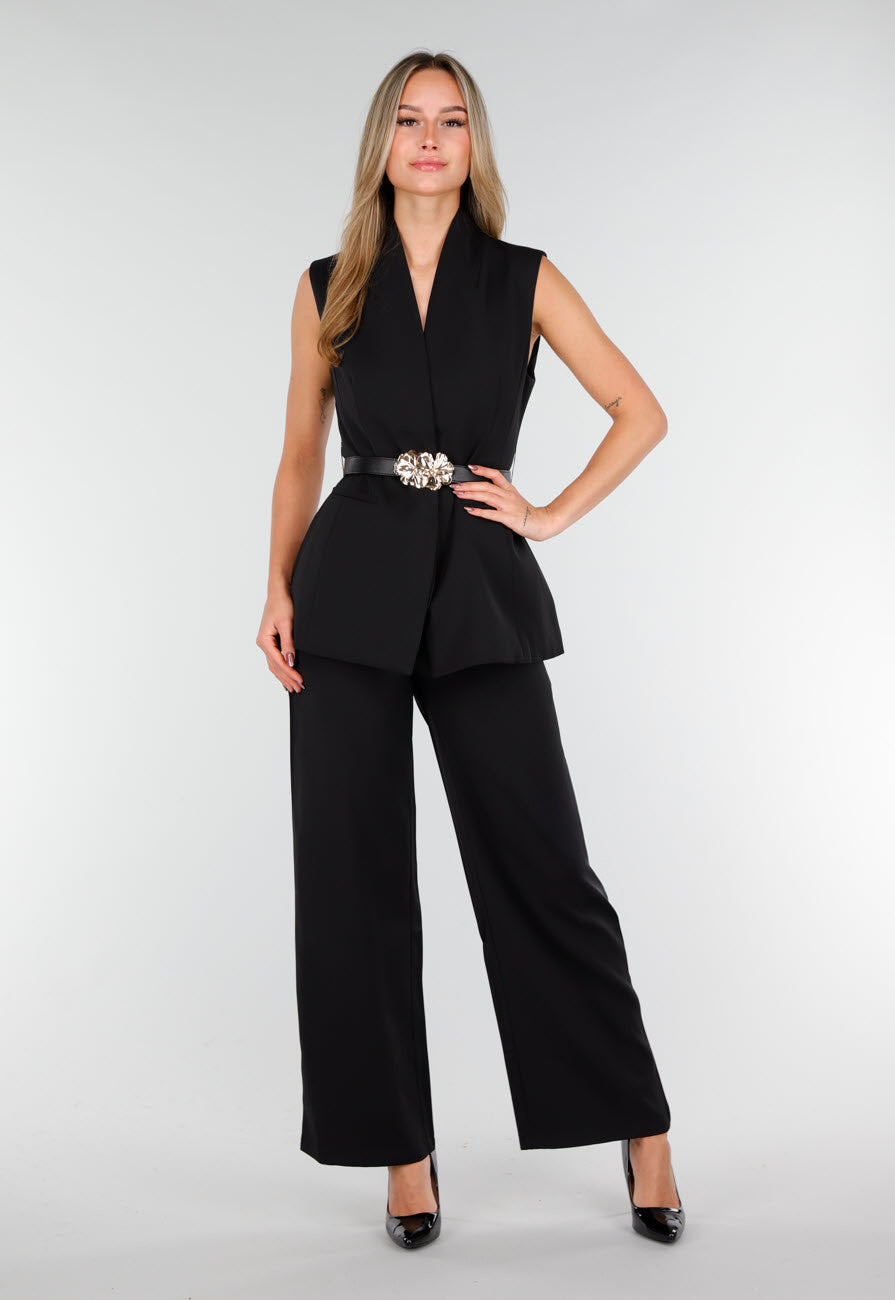 Zwarte Dames Matchende Set met Mouwloze Top, Statement Riem en Wide Leg Broek