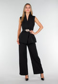 Zwarte Dames Matchende Set met Mouwloze Top, Statement Riem en Wide Leg Broek