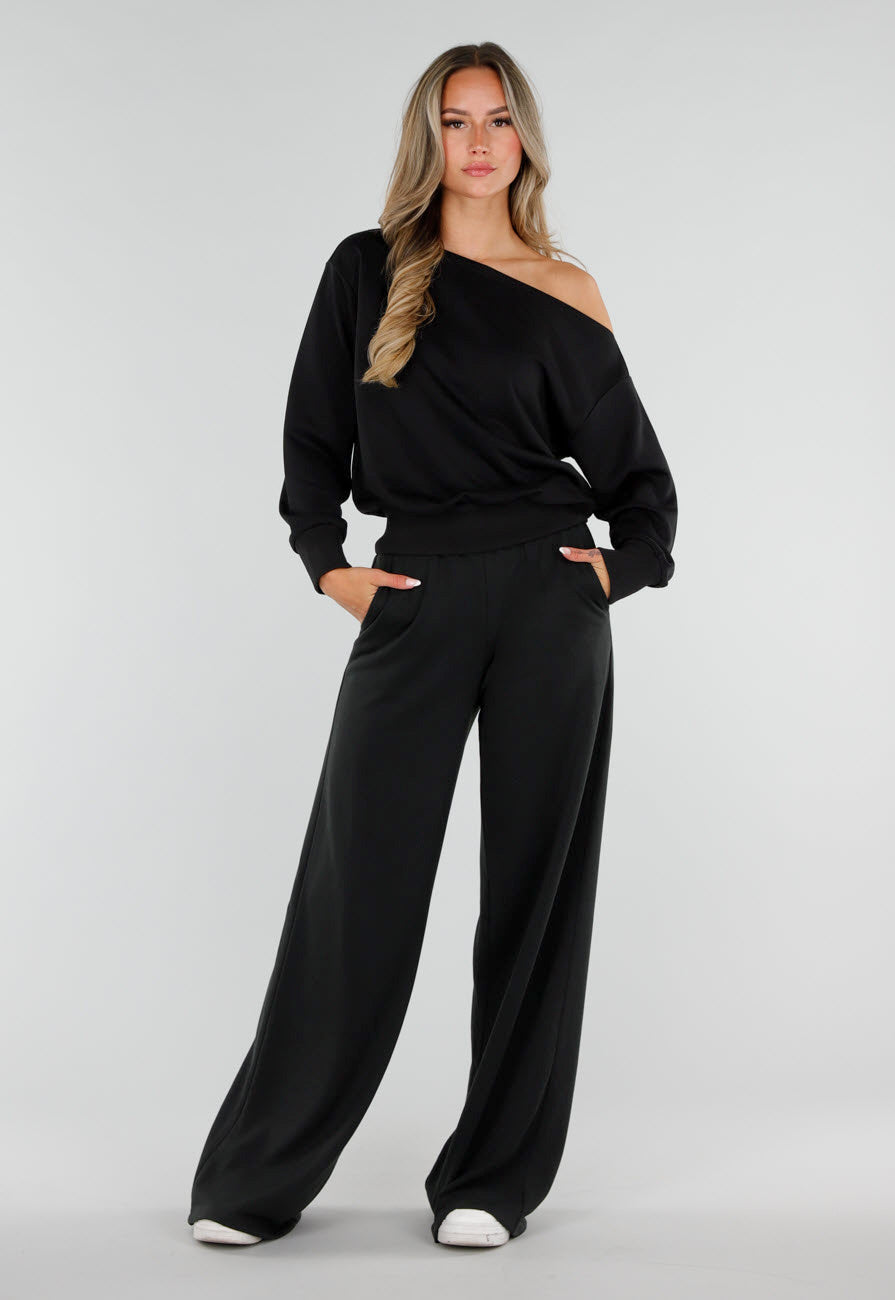 NEW220726 Zwarte Tall Jogger Set met One Shoulder Sweater