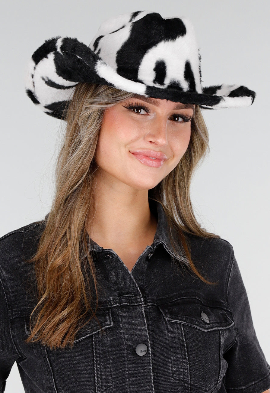 Zwart Witte Cowboyhoed met Koeienprint van Faux Fur