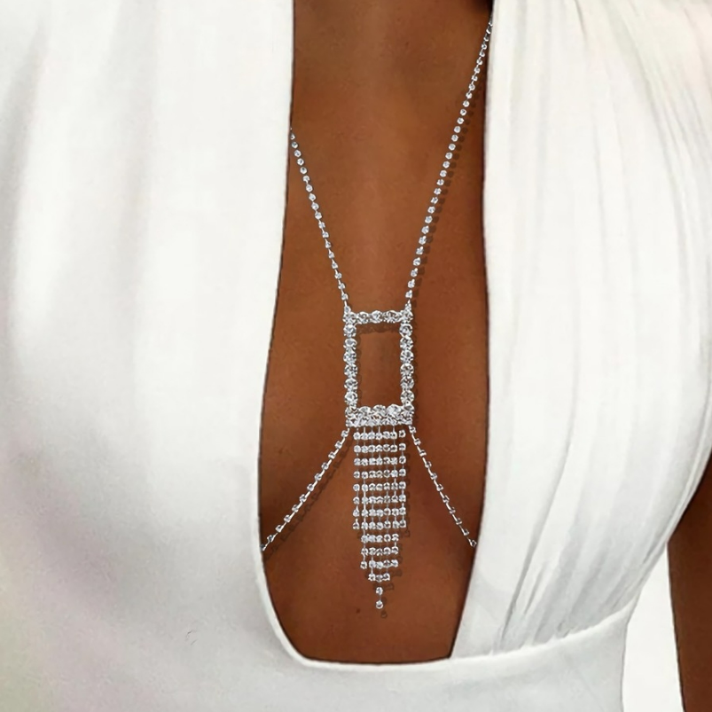Zilveren Strass Bodychain met Waterval Detail