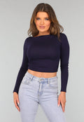 Navy Top met Lange Mouwen en Plooien