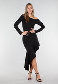 Zwarte One Shoulder Fleece Maxi Jurk met Asymmetrische Zoom en Stretch
