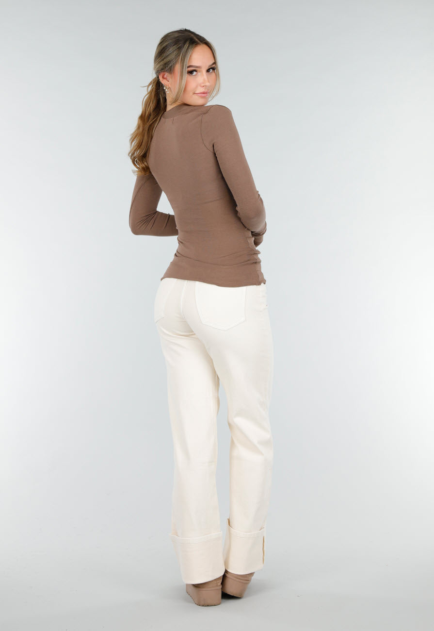 Bruine Asymmetrische Stretch Top met Lange Mouwen en Rimpeldetail