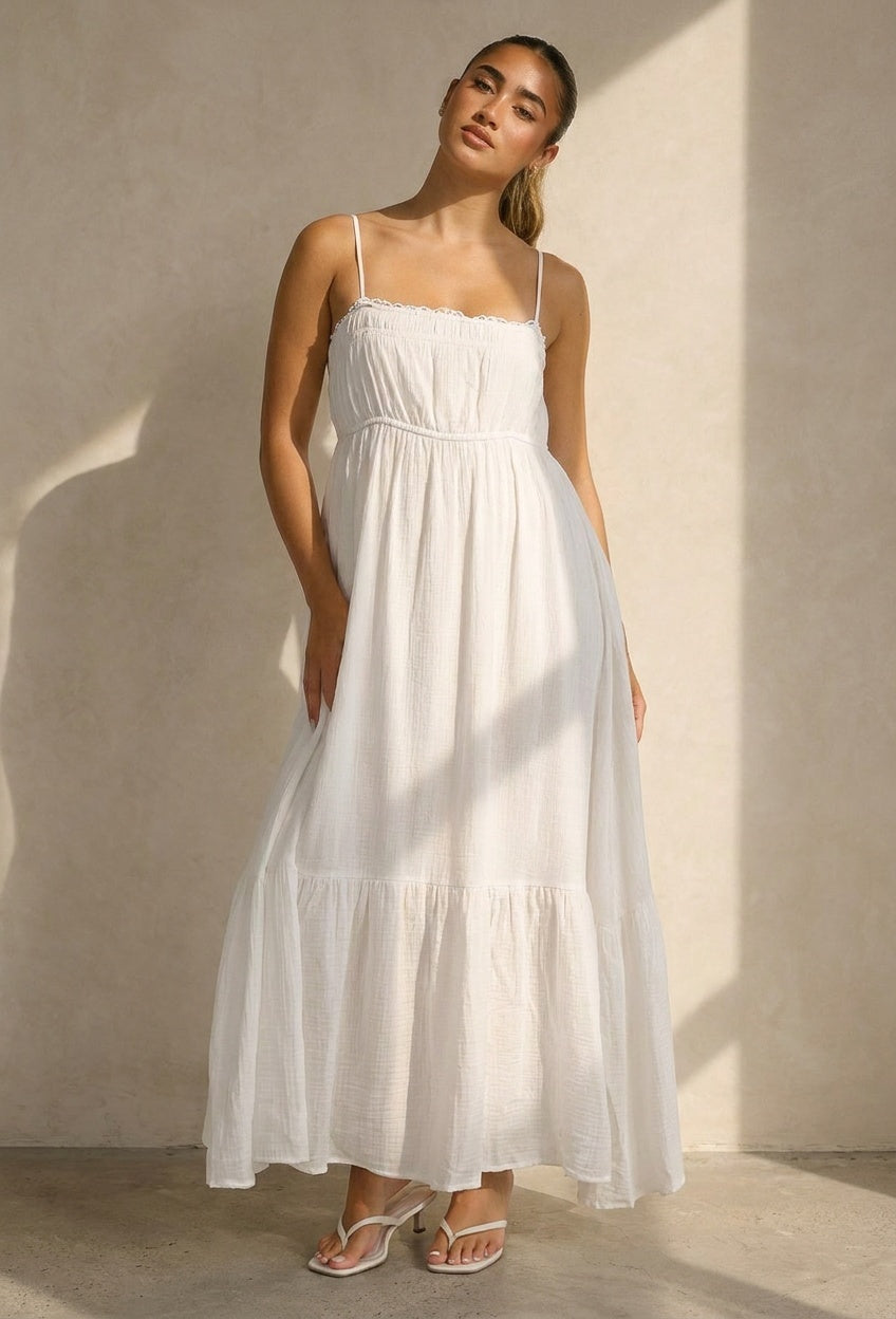 Witte Mousseline Maxi Jurk met Spaghettibandjes en Smokdetail