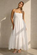 Witte Mousseline Maxi Jurk met Spaghettibandjes en Smokdetail