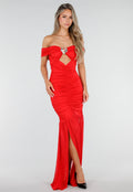 Rode Off Shoulder Maxi Jurk met Ruches en Mesh Details