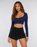 Donkerblauwe Crop Top met Lange Mouwen en Push Up Pads