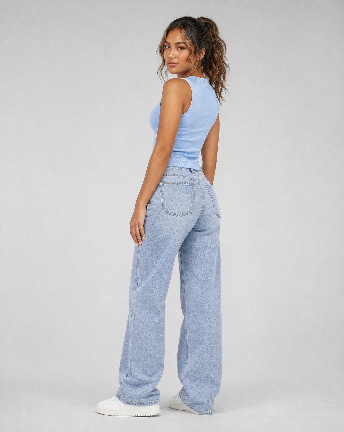 Lichtblauwe Rib Top met Ritssluiting en Stretch