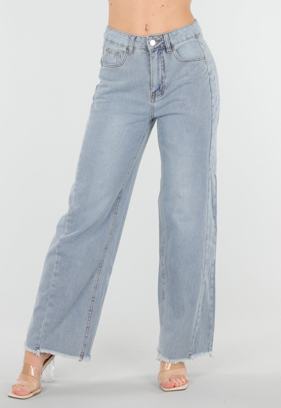 Lichtblauwe High Waist Wide Leg Jeans met Rafelige Onderkant