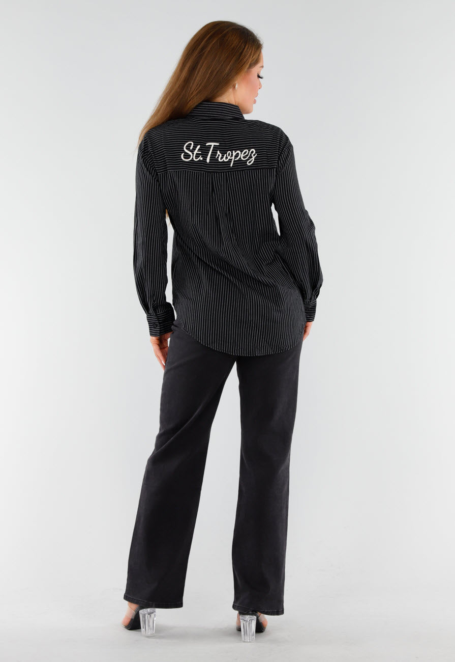 Zwarte Gestreepte Blouse met St. Tropez Borduursel Achterop
