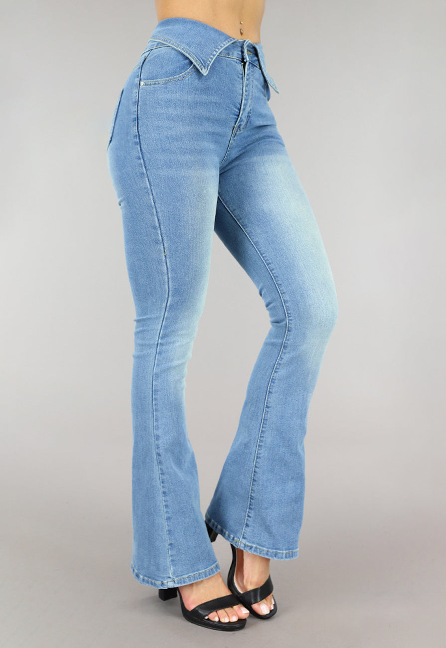 Blauwe Flared Jeans met Omgeslagen Taille